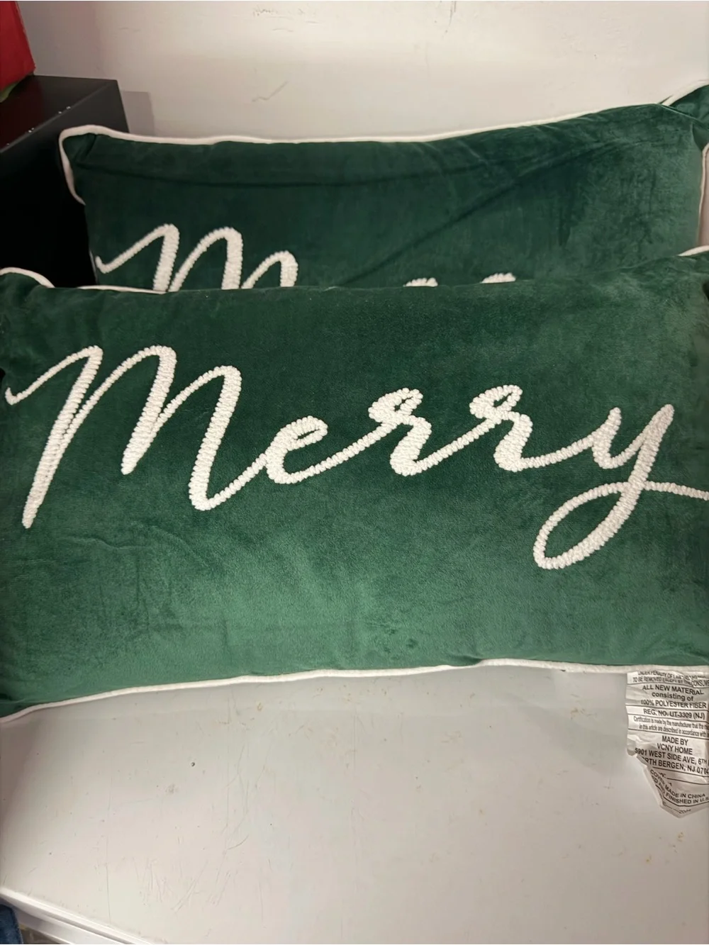 Velvet Holiday Decorative Pillow in Emerald Green with White Piping
